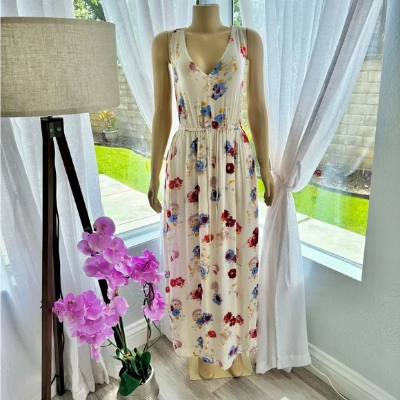 Lucky Brand Maxi Dress Size M Women Sleeveless V-Neck Flowy Floral  Drawstring
